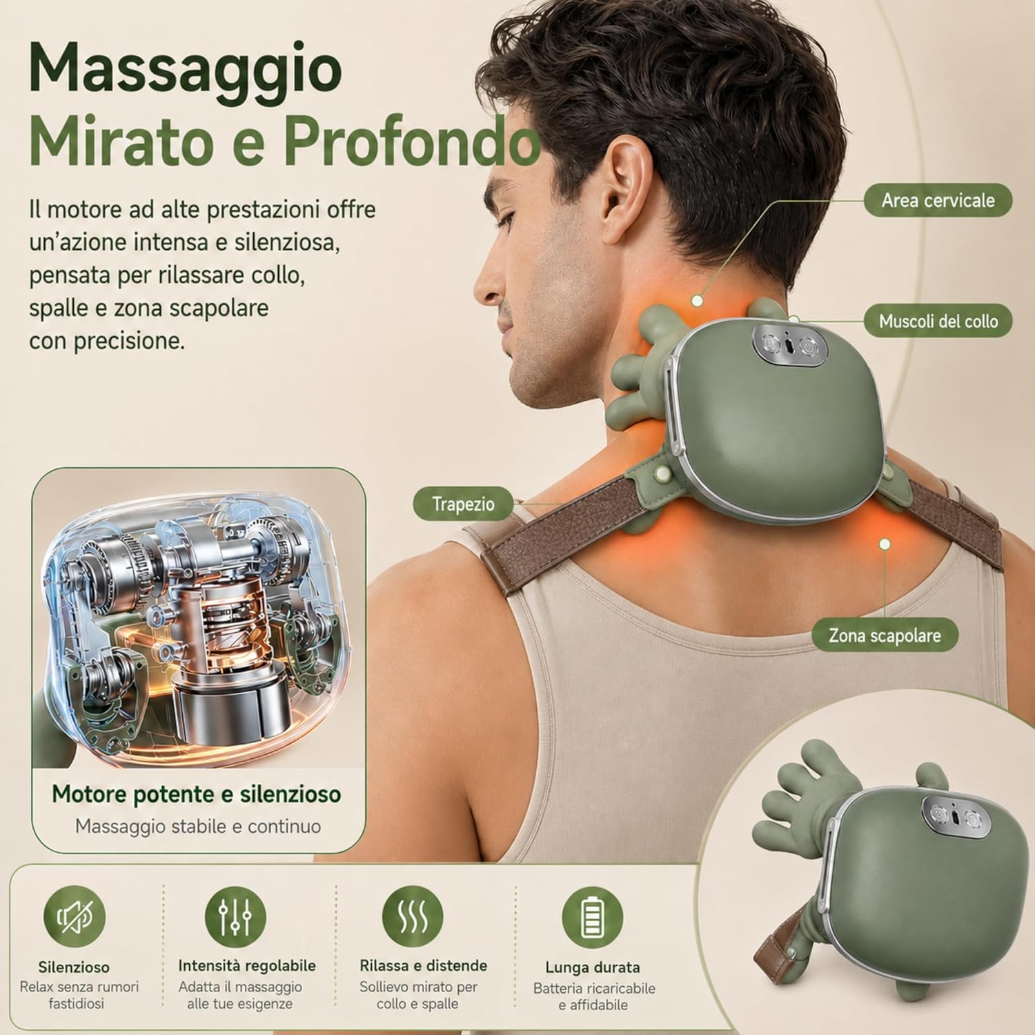 Massaggiatore per Collo Spalle con Riscaldamento, massaggio Shiatsu 4D a 3 velocità , 2 livelli di calore, portatile ricaricabile USB, per casa, ufficio, viaggi, rilassa muscoli - Image 2