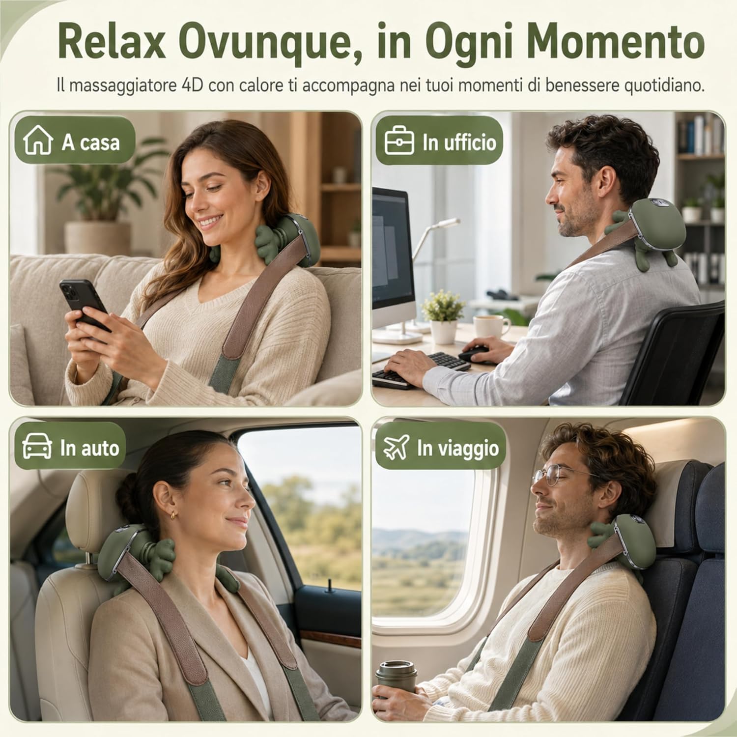 Massaggiatore per Collo Spalle con Riscaldamento, massaggio Shiatsu 4D a 3 velocità , 2 livelli di calore, portatile ricaricabile USB, per casa, ufficio, viaggi, rilassa muscoli - Image 4